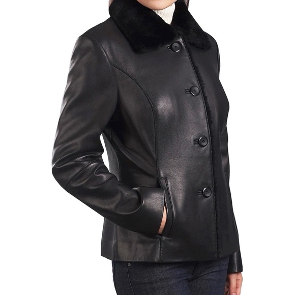 EUC BGSD 100% Lambskin Leather Sheep Shearling Fur Collar Y2K 90’s Black Jacket - Picture 9 of 14